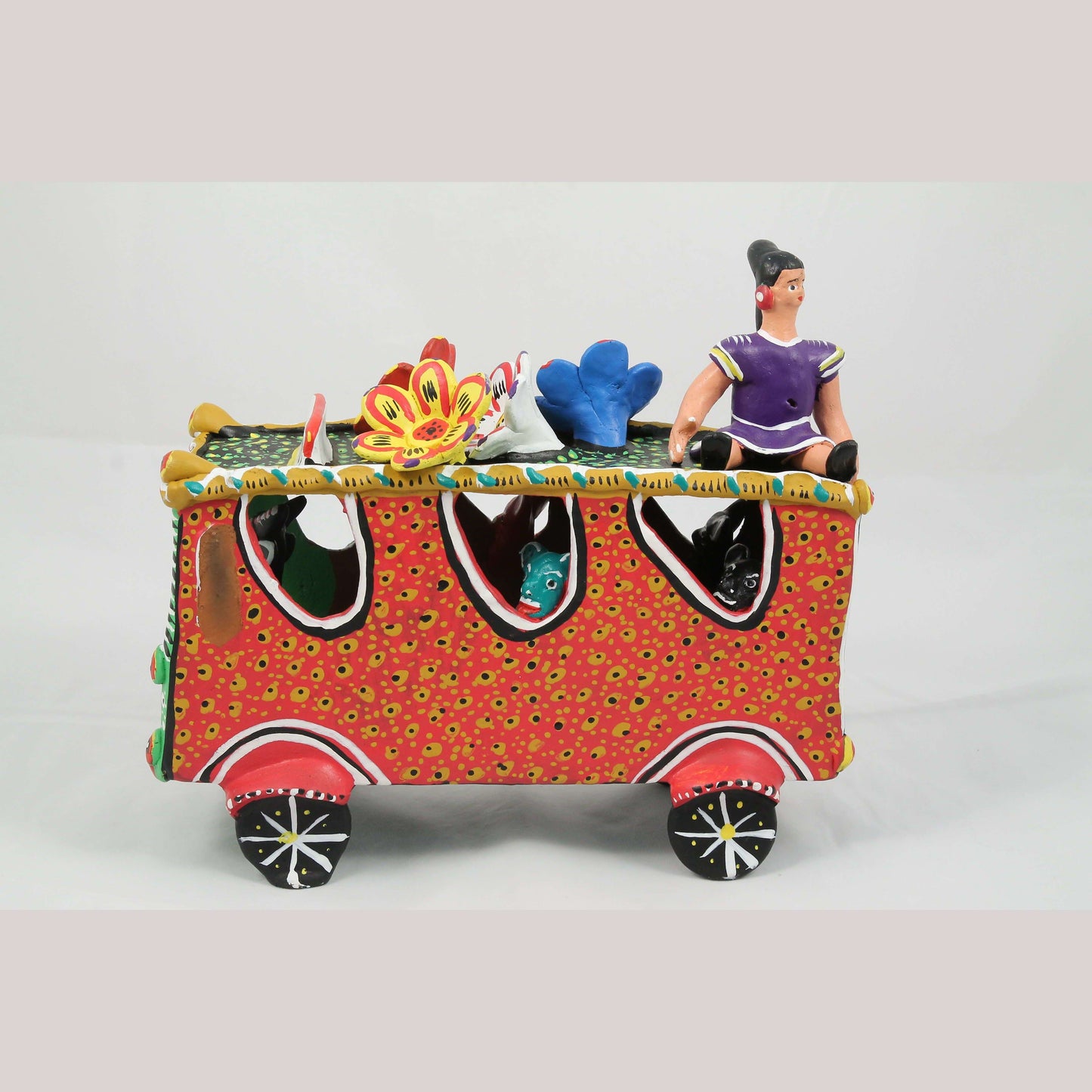 Ceramic Bus/Flowers/ Devil Figurines Mexico Folk Art Ocumicho Collectible Décor