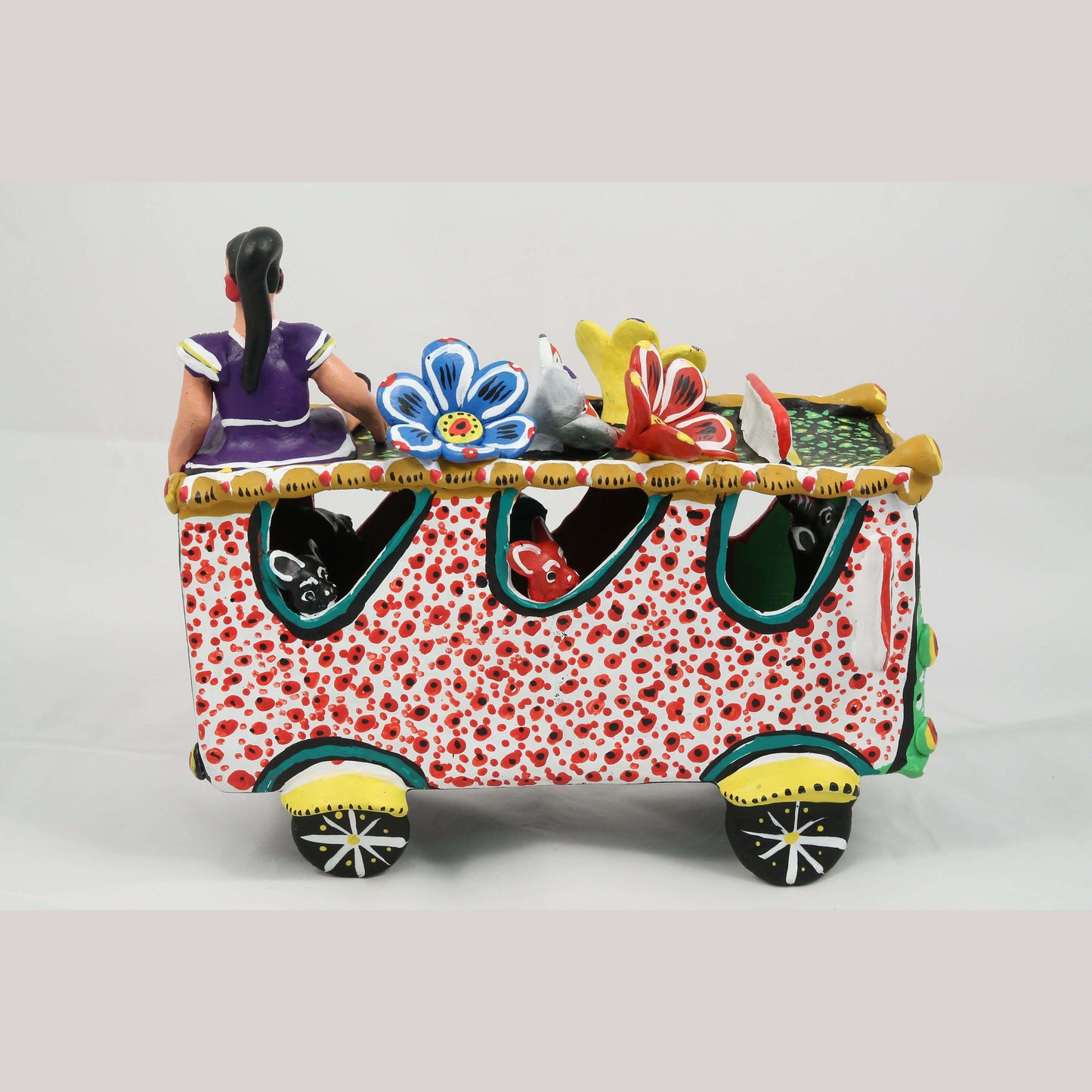Ceramic Bus/Flowers/ Devil Figurines Mexico Folk Art Ocumicho Collectible Décor