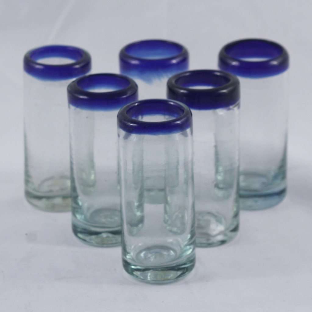 Cobalt Blue Rim Shot Glasses, Set of 6, Mexican Glassware, Hand Crafted