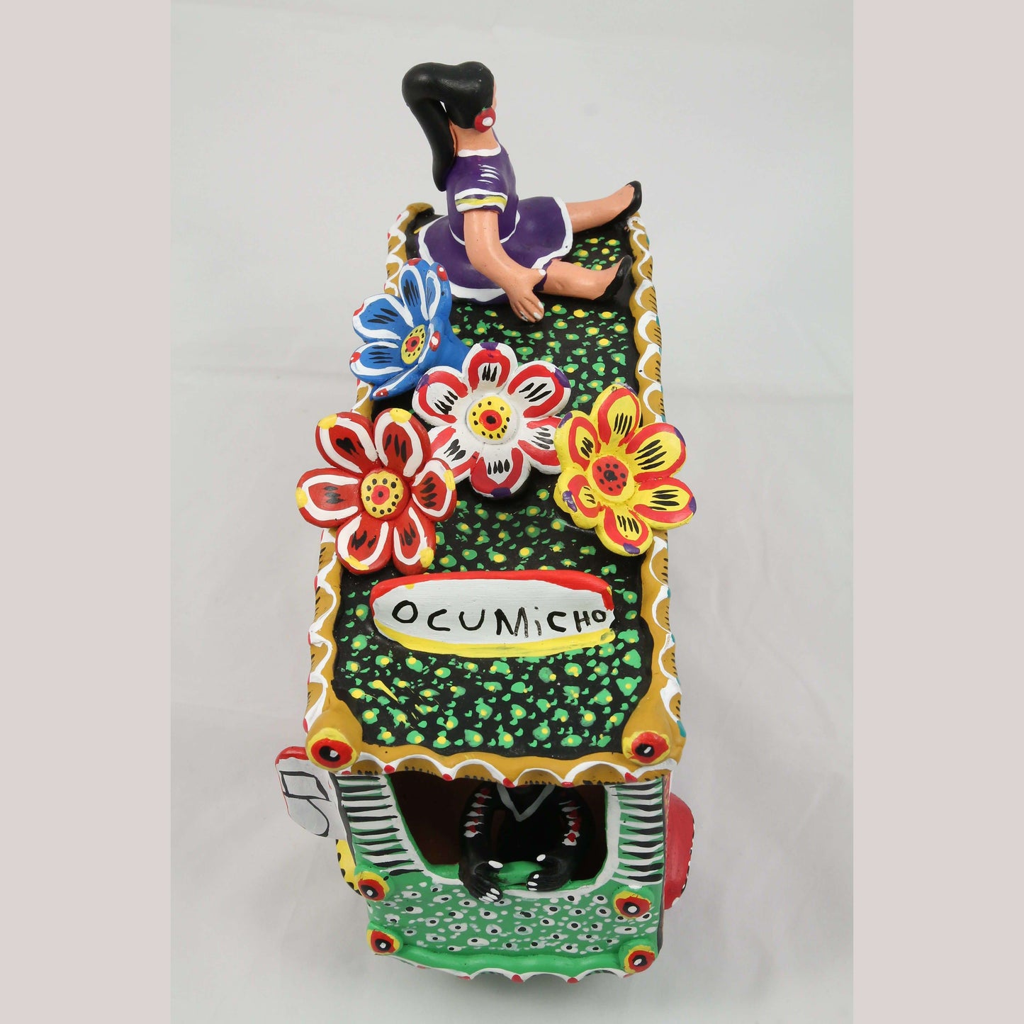 Ceramic Bus/Flowers/ Devil Figurines Mexico Folk Art Ocumicho Collectible Décor