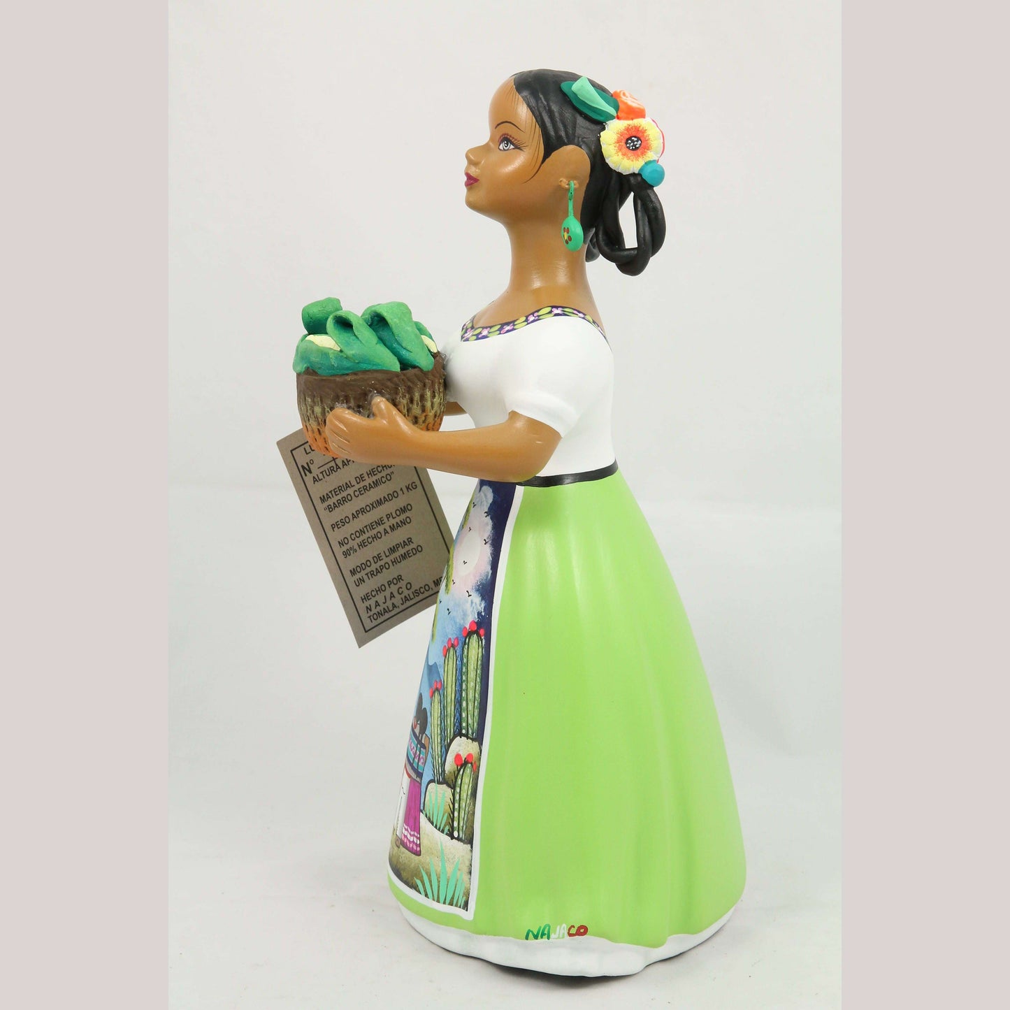 Lupita NAJACO Doll/Figurine Basket Corn Mexican Folk Art Lime Green Skirt #2