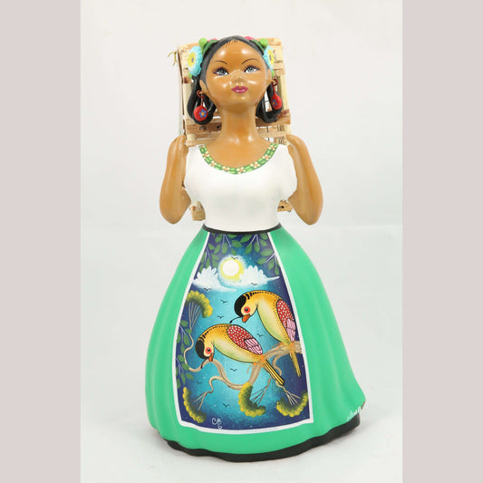 Lupita NAJACO Ceramic Doll Figurine Mexico Folk Art Back Cage Parrots Green #2