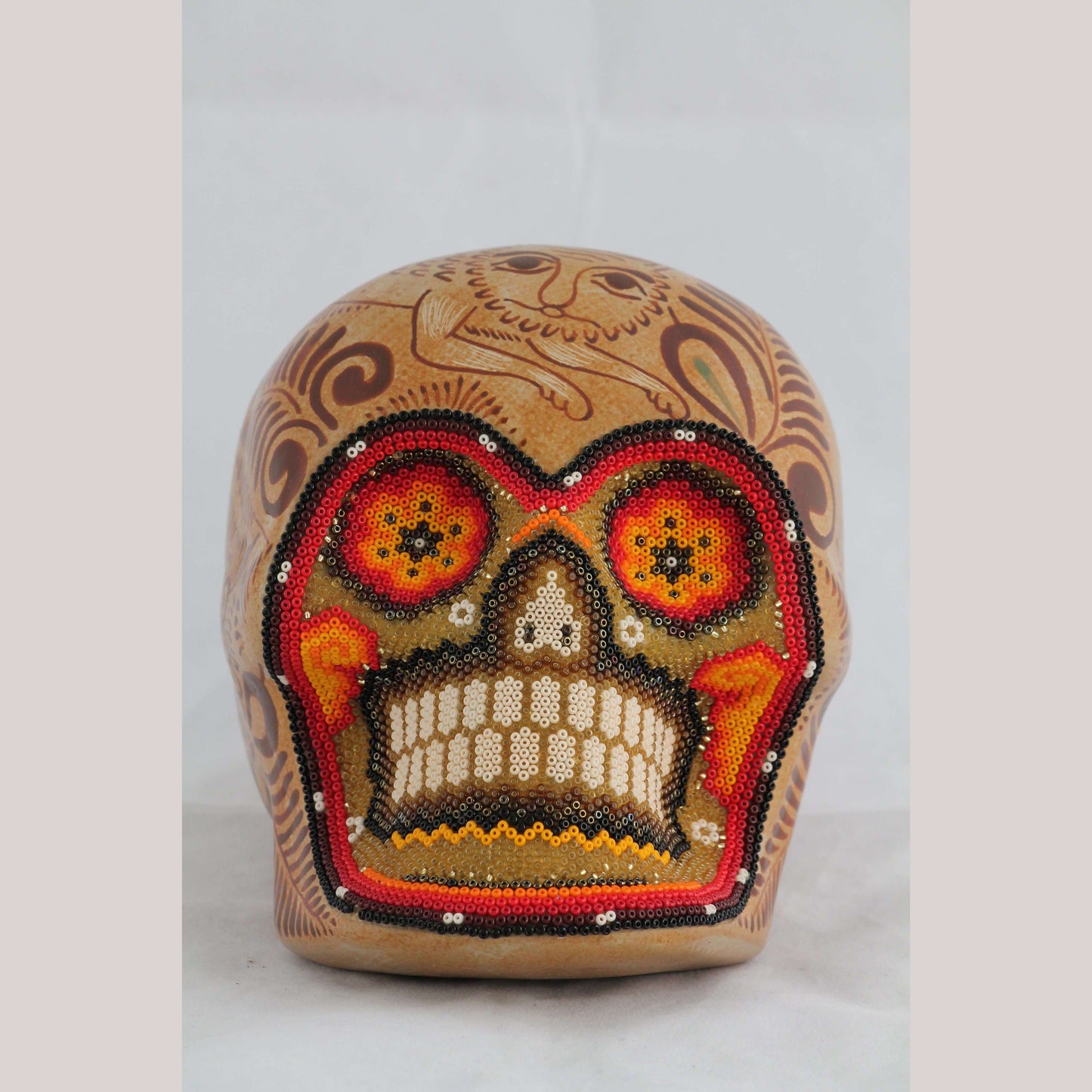 Mexican Ceramic/Pottery Skull w Huichol Style Folk Art Master Pablo Pajarito #2