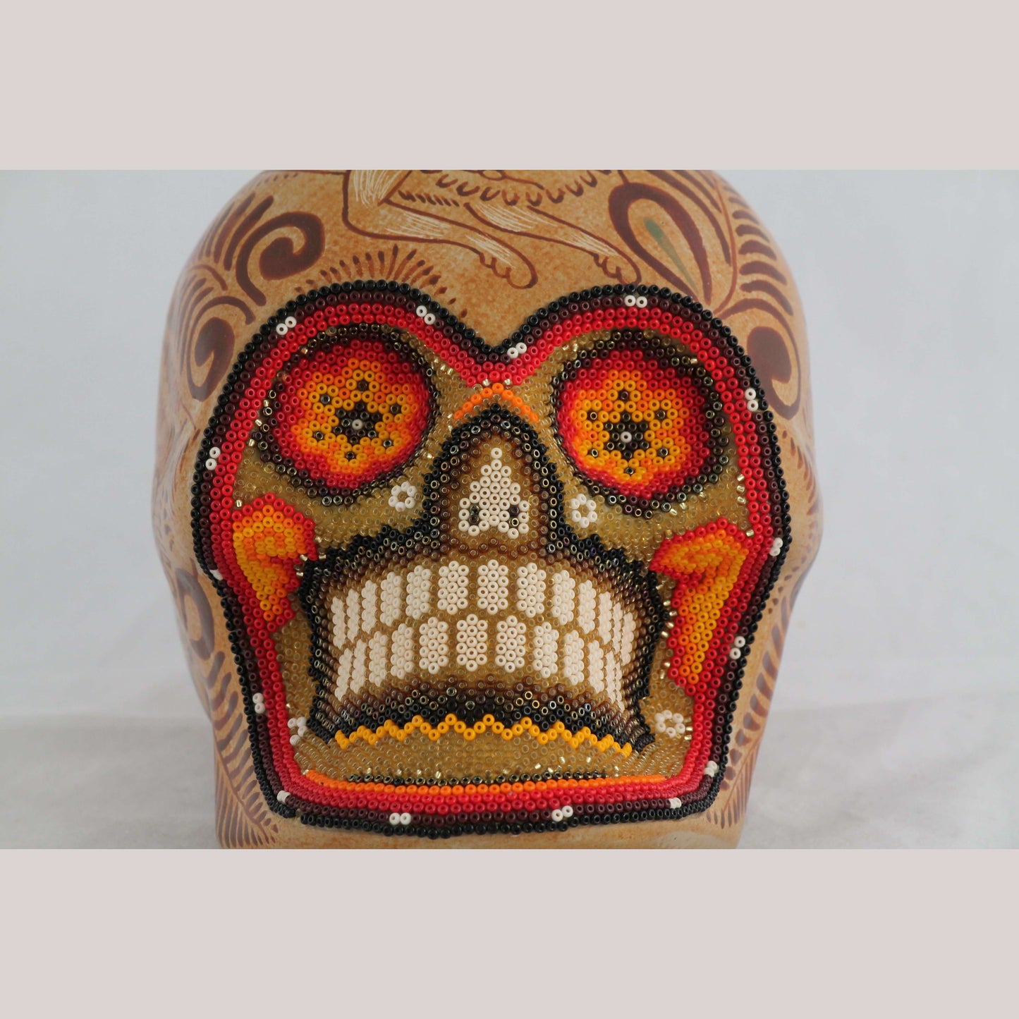 Mexican Ceramic/Pottery Skull w Huichol Style Folk Art Master Pablo Pajarito #2