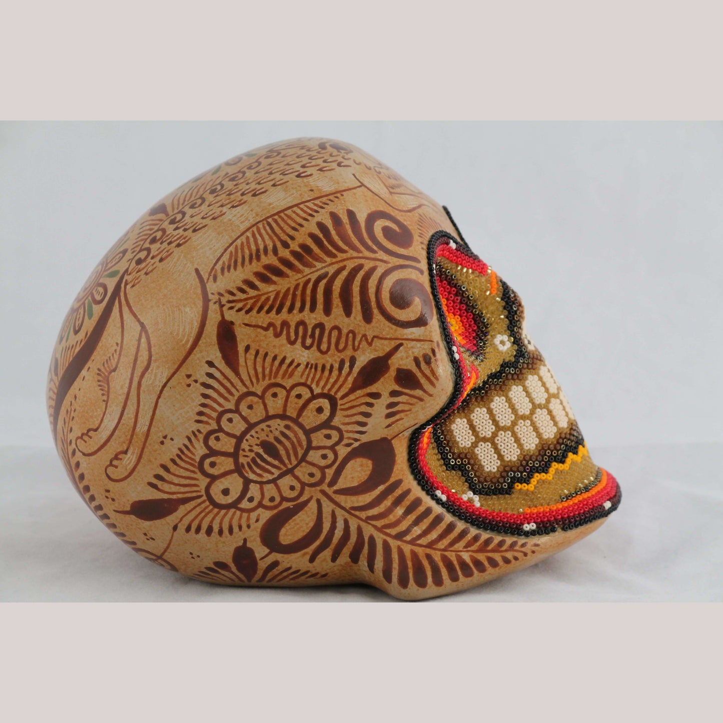 Mexican Ceramic/Pottery Skull w Huichol Style Folk Art Master Pablo Pajarito #2