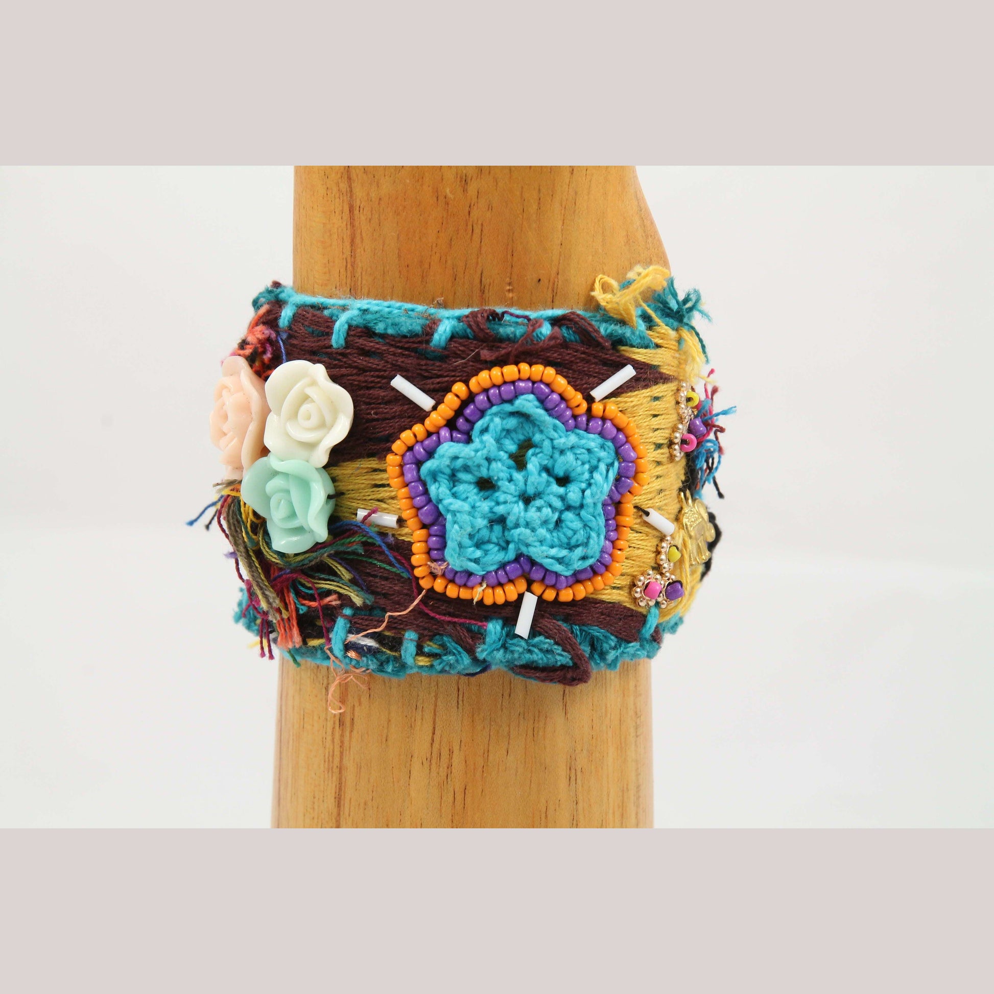 Mexican Bracelet Folk Art Bohemian Costume Jewelry Charms Faux Leather