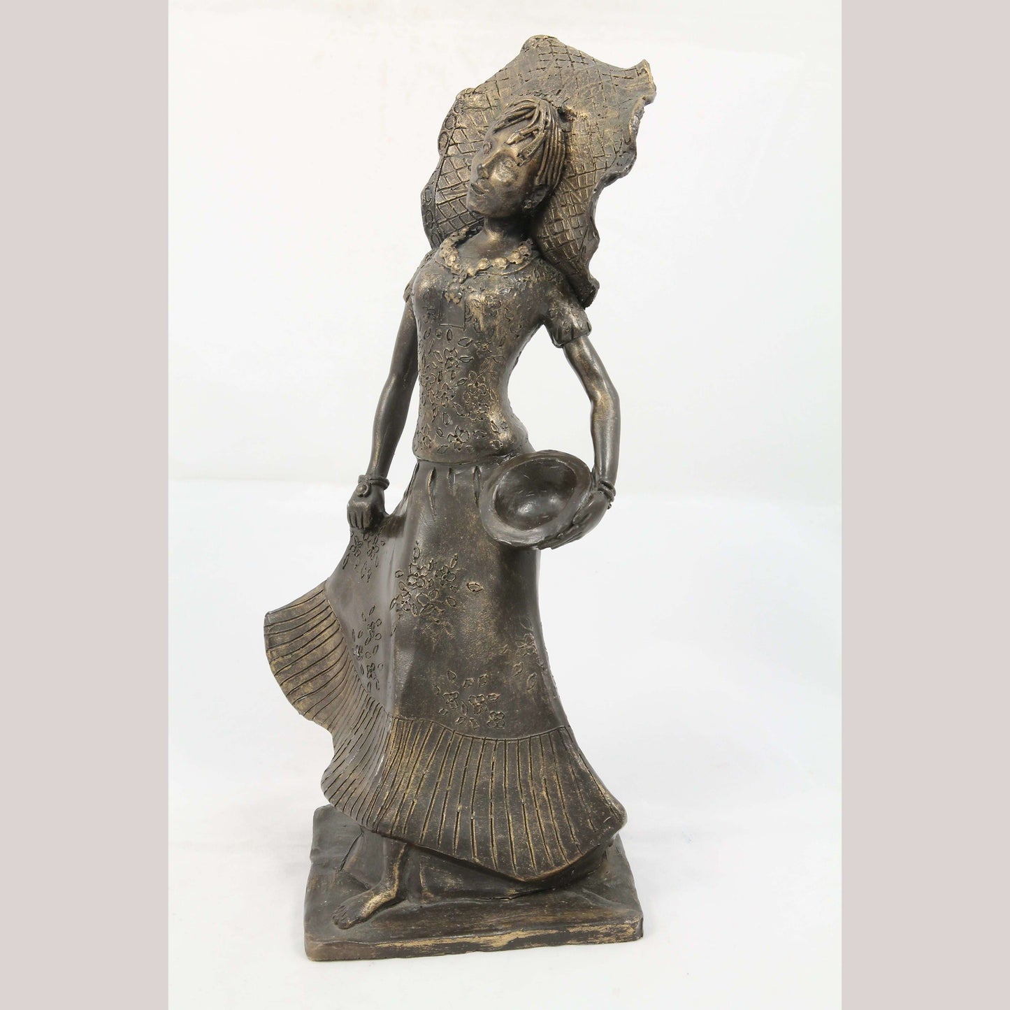 Vintage Bronze/Plaster Figurine Mexican Woman Dancer Tehuana Headpiece Décor