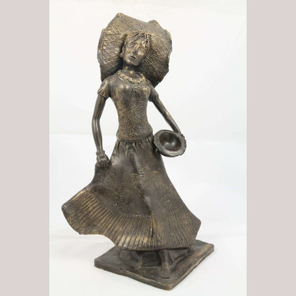 Vintage Bronze/Plaster Figurine Mexican Woman Dancer Tehuana Headpiece Décor