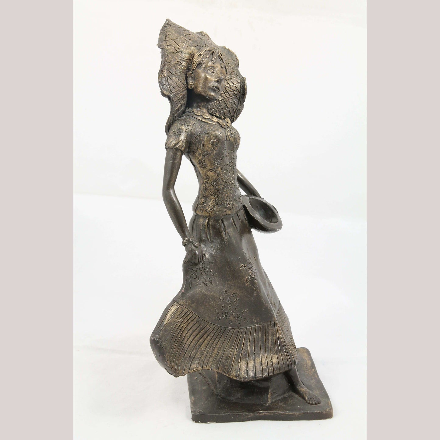 Vintage Bronze/Plaster Figurine Mexican Woman Dancer Tehuana Headpiece Décor