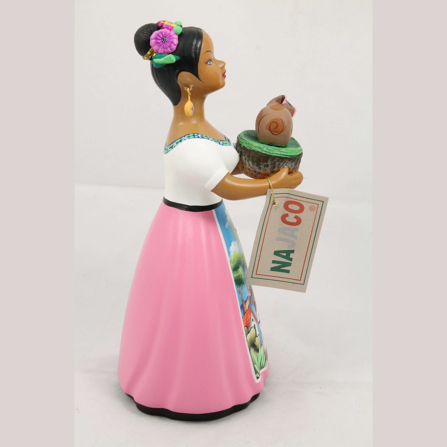 Lupita Najaco Ceramic Doll Piglet Basket Pink Mexican #2