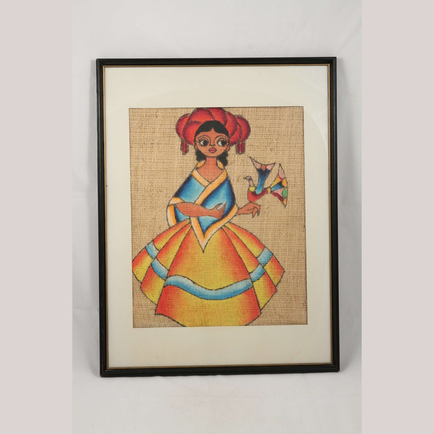 Mid Century Mexican Fine Art Burlap Painting Signed Décor Framed Collectible