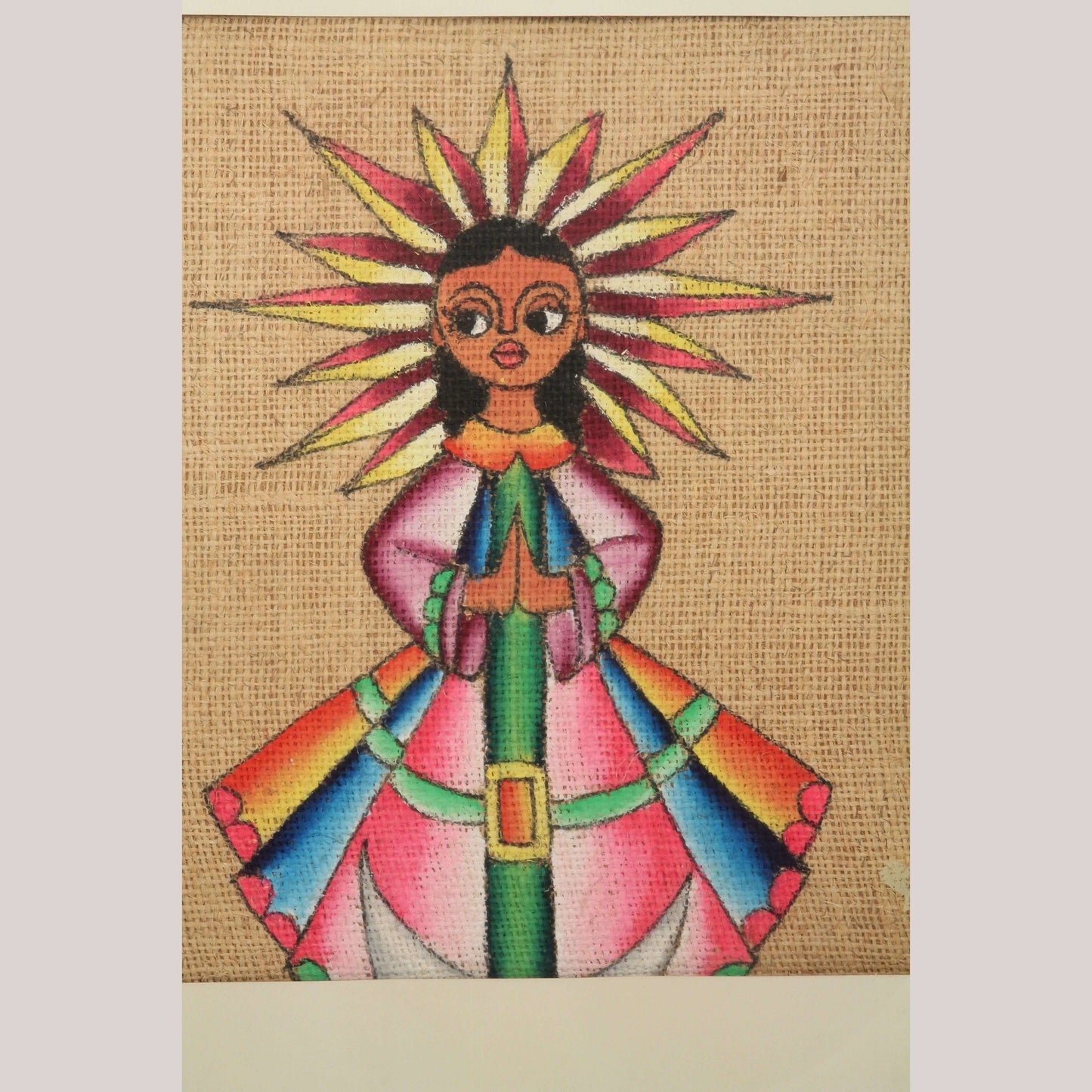 Vntg Original Painted Burlap Painting of Madonna Mexican Folk Art Signed