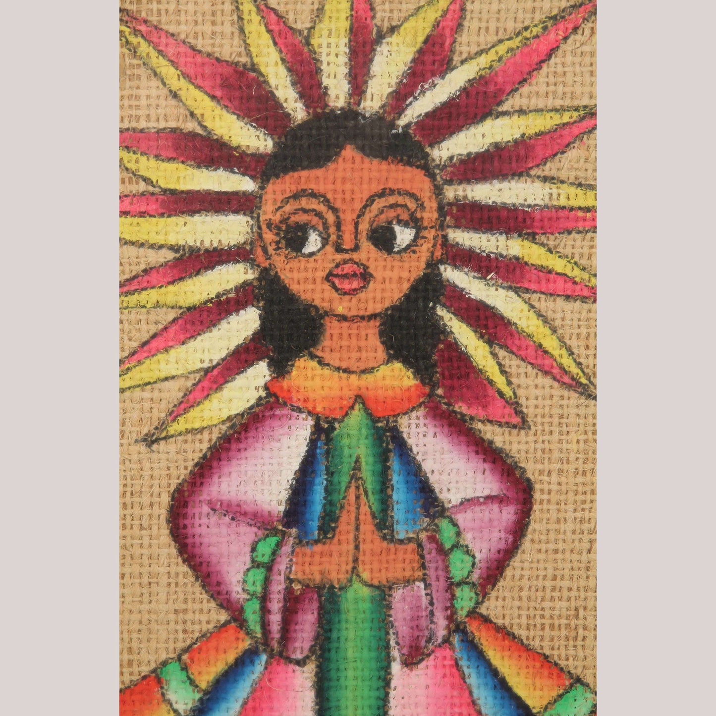 Vntg Original Painted Burlap Painting of Madonna Mexican Folk Art Signed