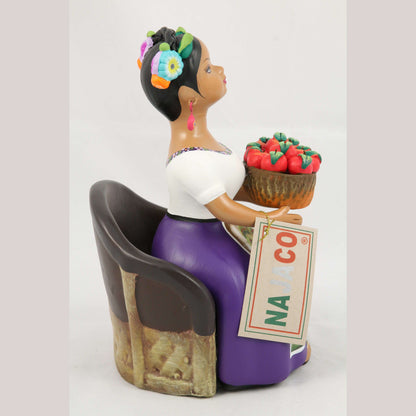 Lupita Doll Sitting Apple Basket Plum Dress Ceramic Mexican Folk Art