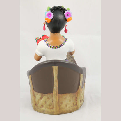 Lupita Doll Sitting Apple Basket Plum Dress Ceramic Mexican Folk Art