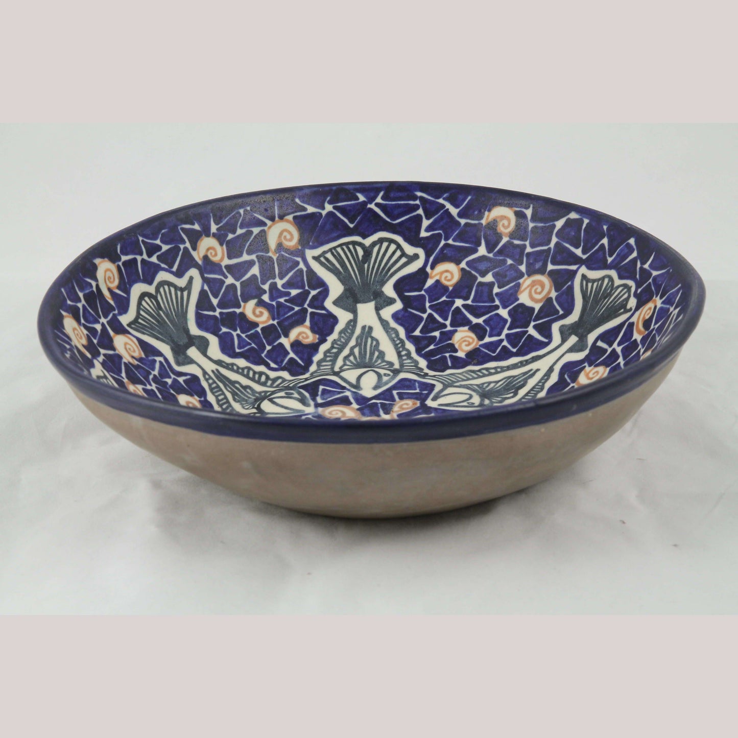 Lg Ceramic/Pottery Blue Bowl w Fish Mexican Fine Art Collectible Decor Chichipan