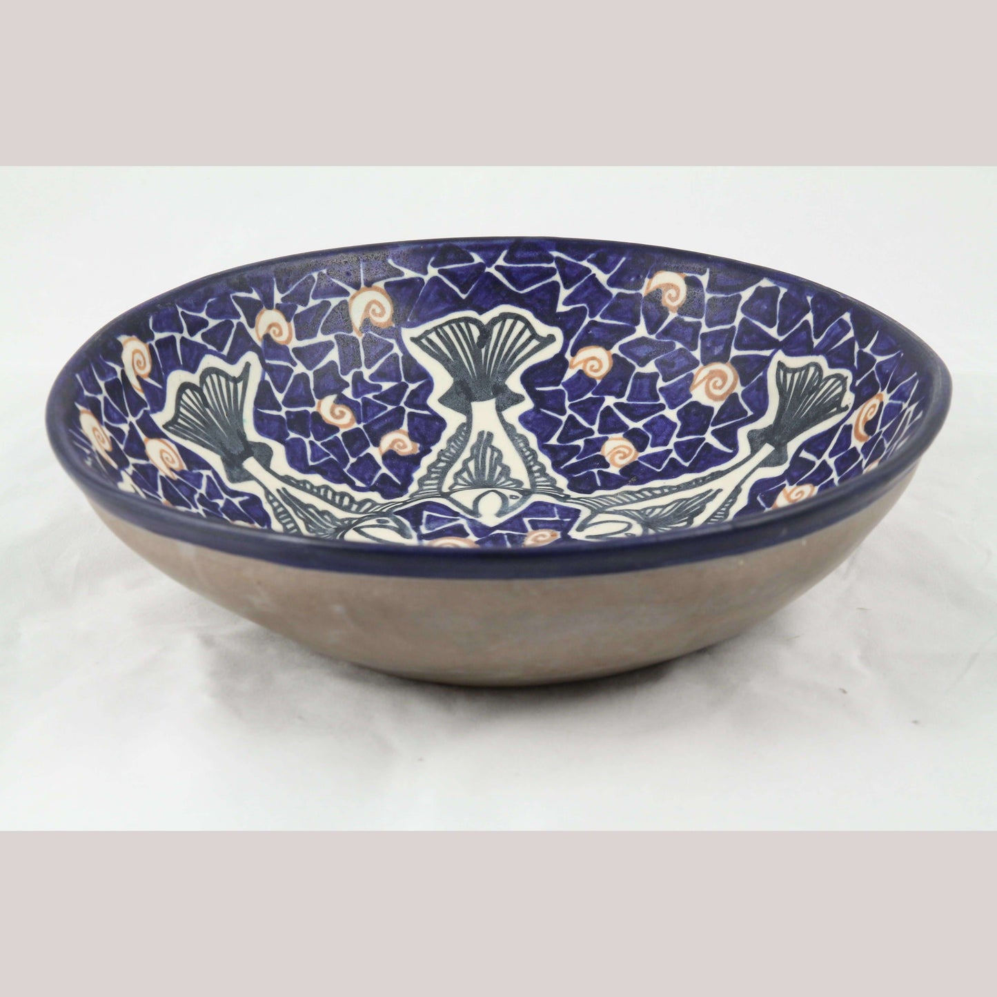 Lg Ceramic/Pottery Blue Bowl w Fish Mexican Fine Art Collectible Decor Chichipan