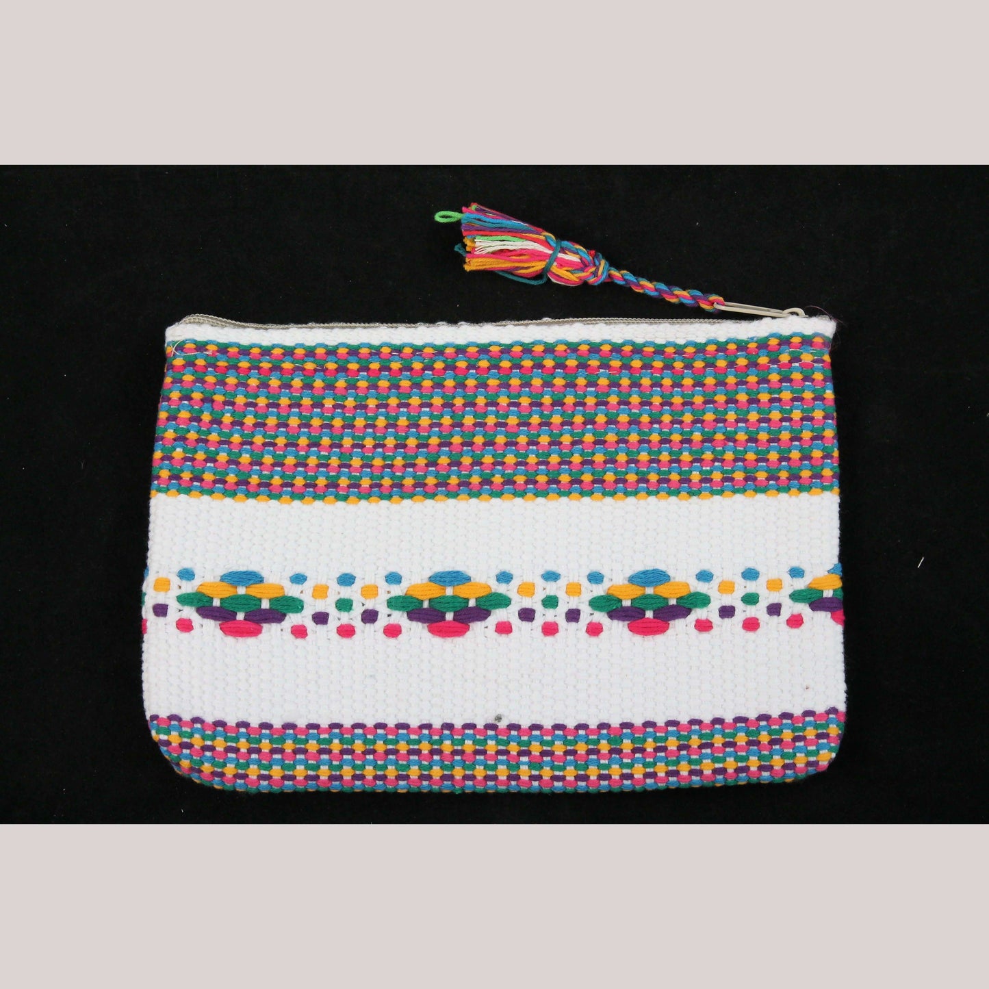 Mexican Textile Makeup/Jewelry Bag Hand Woven Folk Art Mexico Lined White/Multi