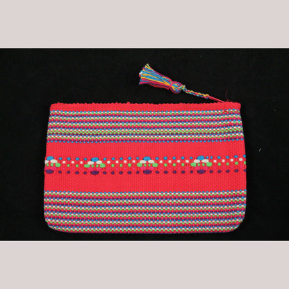 Mexican Textile Makeup/Jewelry Bag Hand Woven Folk Art Mexico Lined Red/Multi