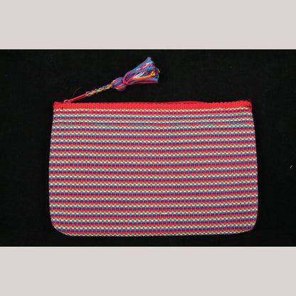 Mexican Textile Makeup/Jewelry Bag Hand Woven Folk Art Mexico Lined Red/Multi