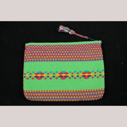 Mexican Textile Makeup/Jewelry Bag Hand Woven Folk Art Mexico Lined Green/Multi