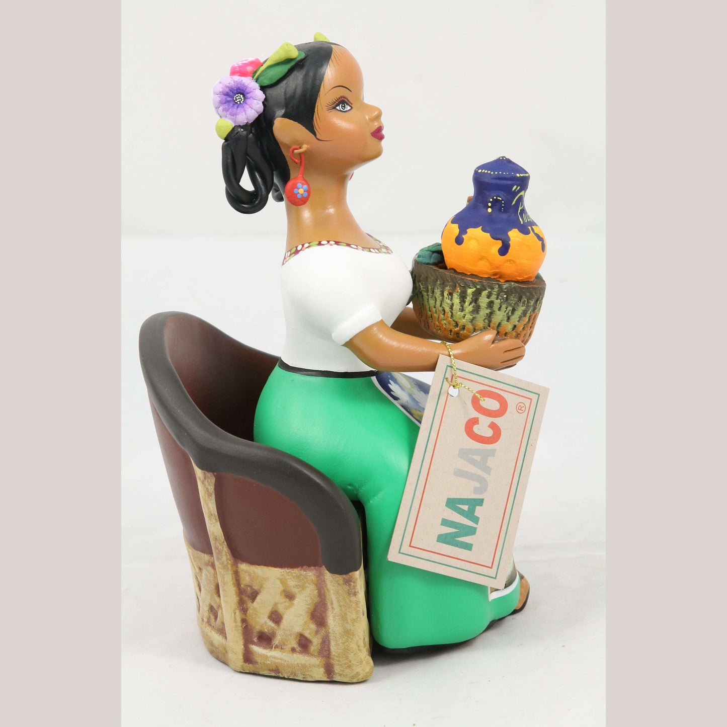 "Lupita" Najaco Doll Ceramic Figurine Sitting Pulque Seller Green Dress