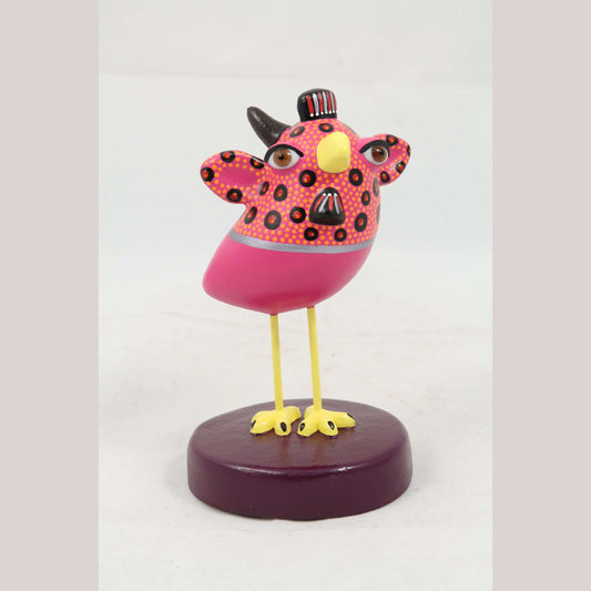 Fantasy Nagual Ceramic Bird Mexico Handmade Folk Art Sign Tonala Brown Eyes Pink