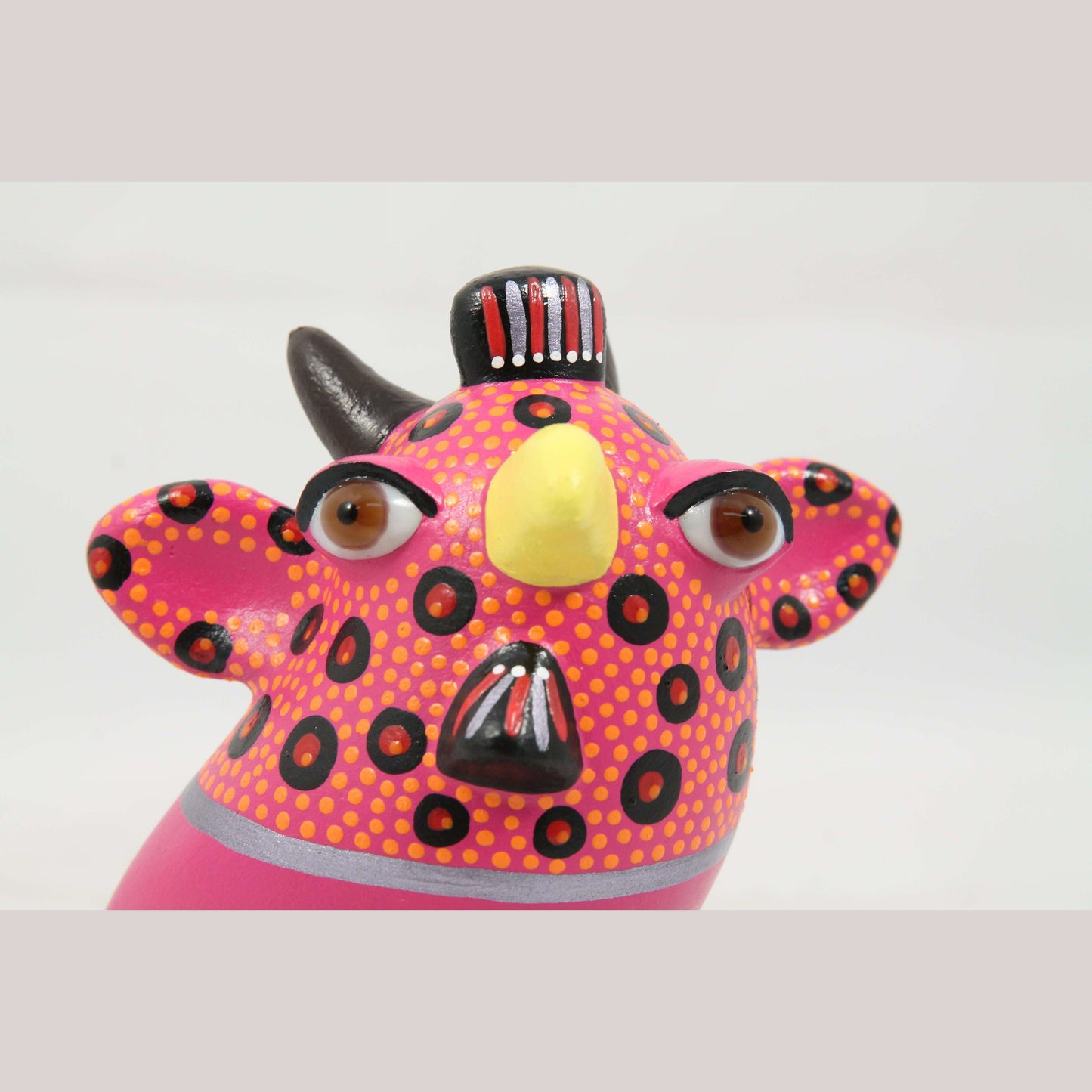 Fantasy Nagual Ceramic Bird Mexico Handmade Folk Art Sign Tonala Brown Eyes Pink