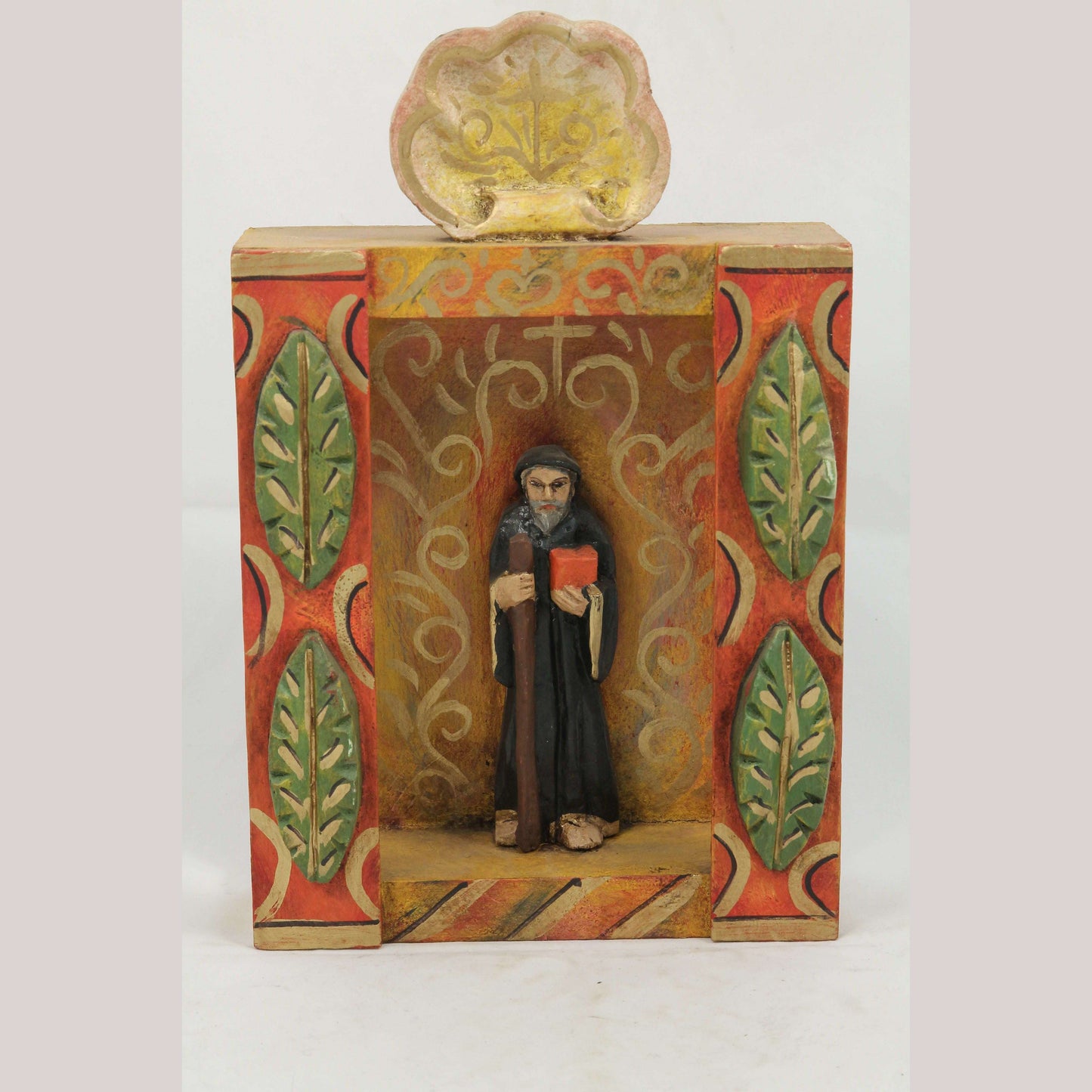 Wood Niche Mexican Folk Art Religious Rustic Handmade/Painted "Saint Benedict"