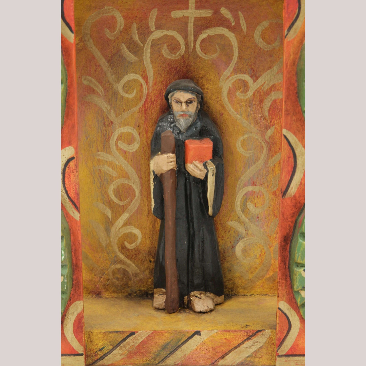 Wood Niche Mexican Folk Art Religious Rustic Handmade/Painted "Saint Benedict"