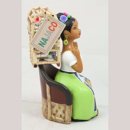 Lupita Najaco Doll Sitting w Back Bird Cage Mexican Lime Green