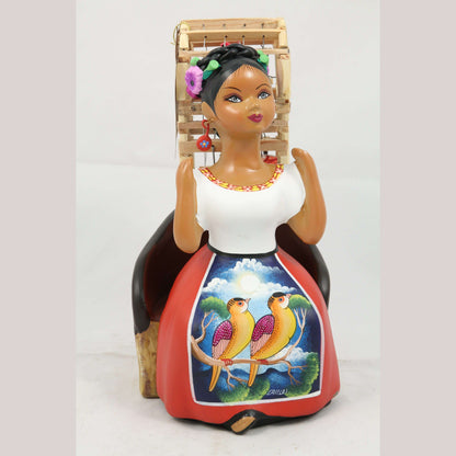 Lupita Najaco Doll/Figurine Sitting w Bird Cage Mexican Red Skirt