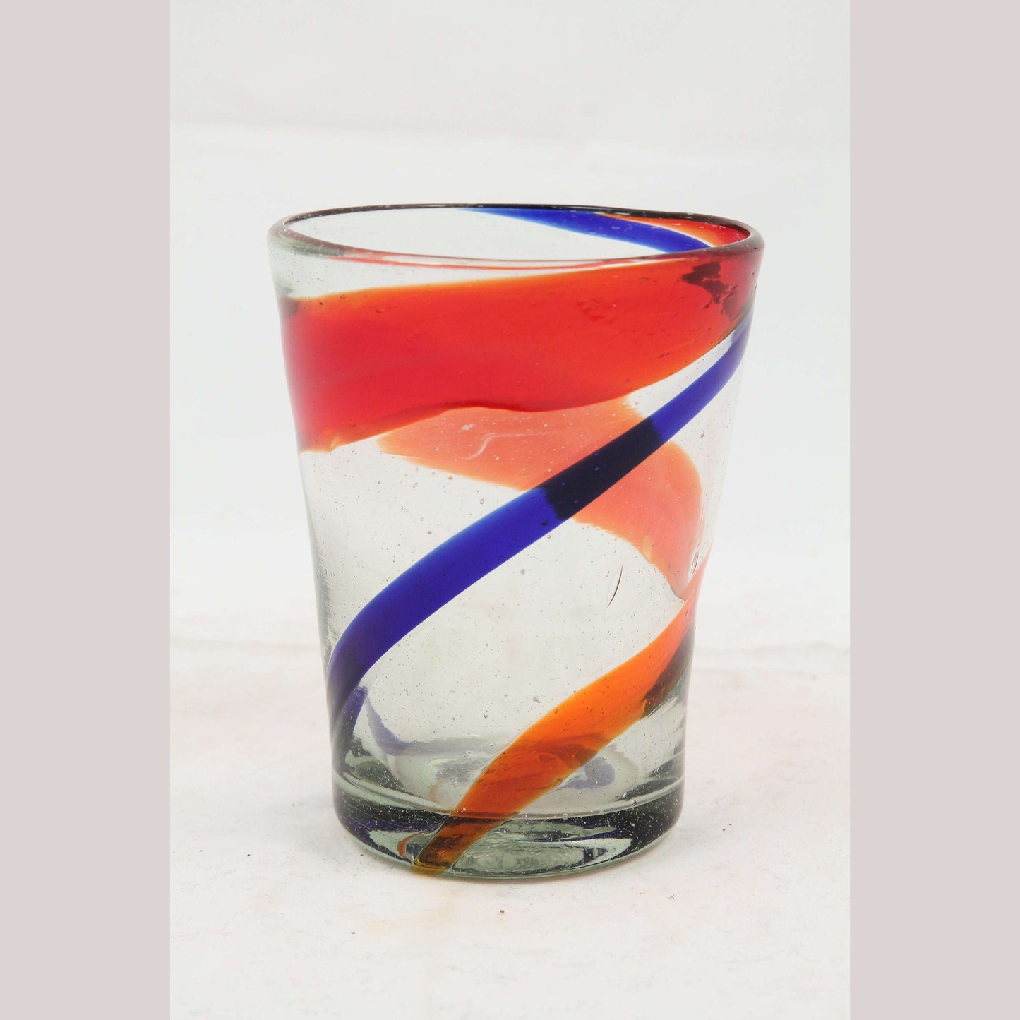 Red Blue Stripes Tumbler, Mexican Glassware Hand Crafted