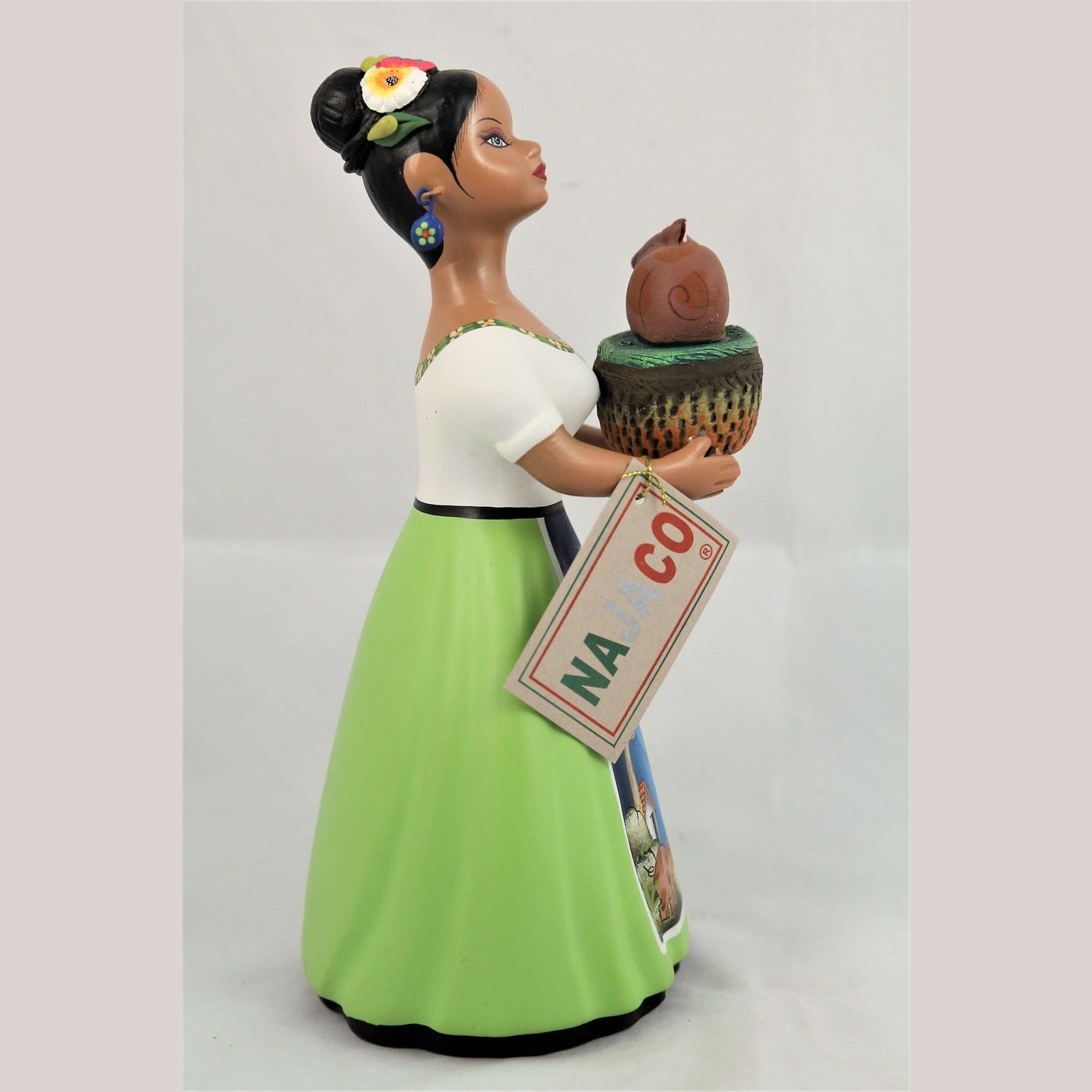 Lupita Najaco Ceramic Doll Piglet Basket Lime Green Skirt Mexican
