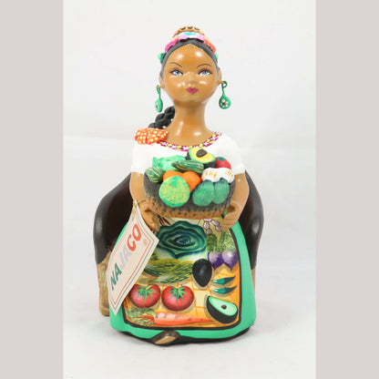 Lupita Ceramic Doll/Figurine Mexico Folk Art Basket Vegetables Chair Green