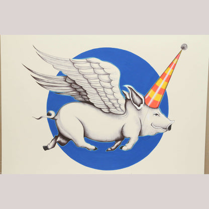 X- Lg Mexican Acrylic Fine Art Painting Signed Décor Hermes Diaz When Pigs Fly