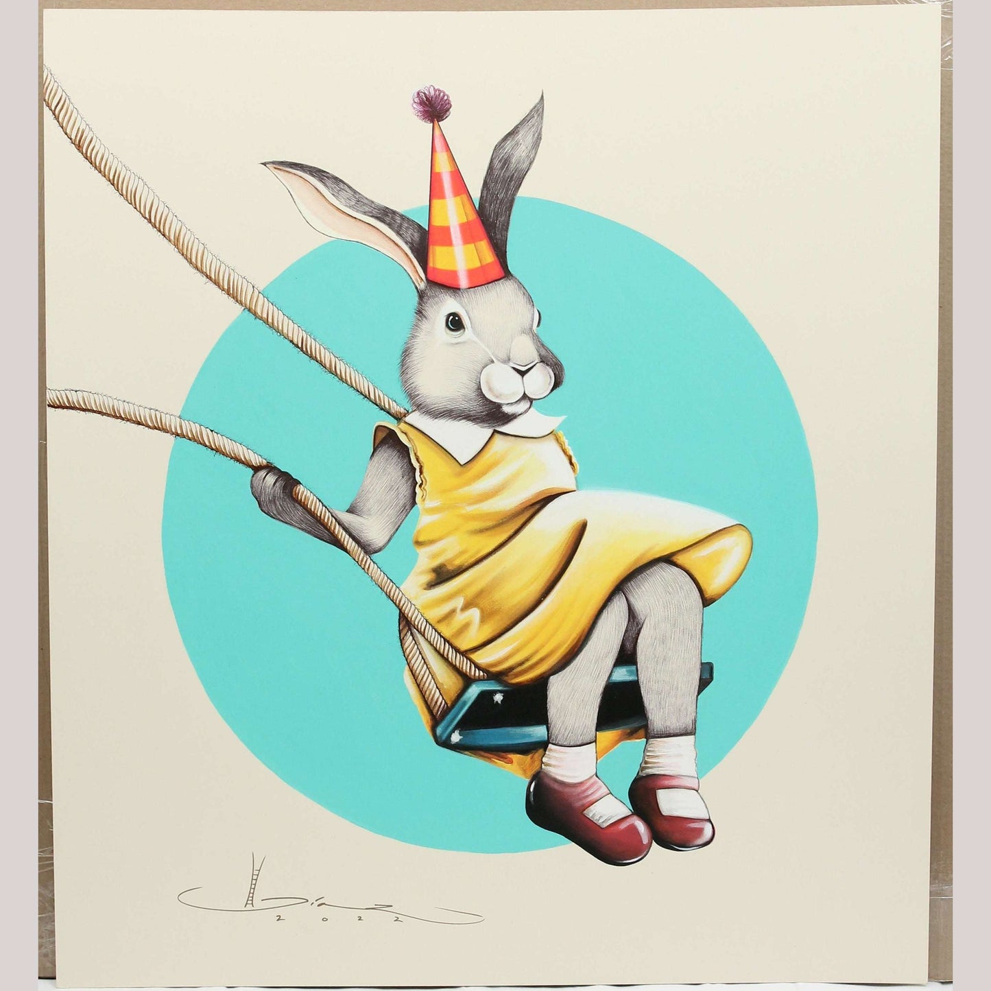 X-Lg Mexican Acrylic Fine Art Painting Signed Hermes Diaz Party Rabbit on Swing