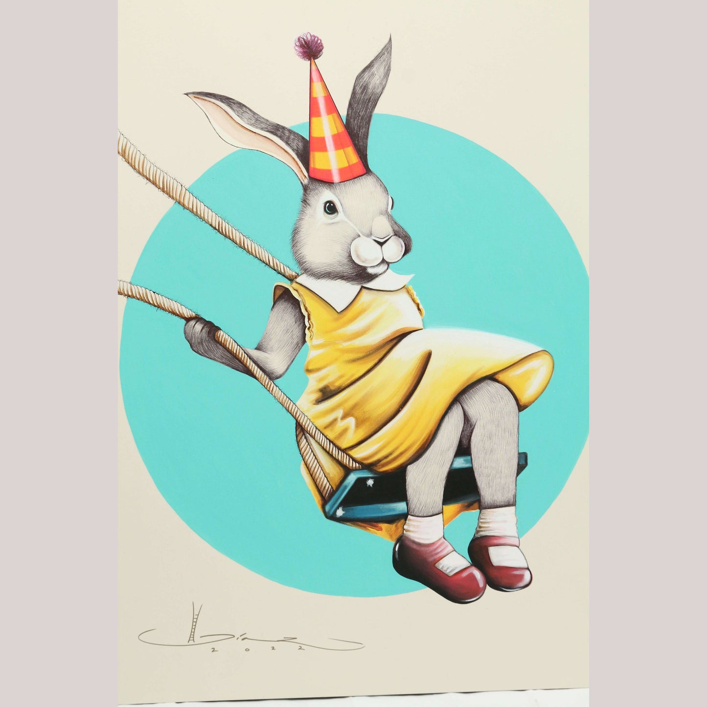 X-Lg Mexican Acrylic Fine Art Painting Signed Hermes Diaz Party Rabbit on Swing