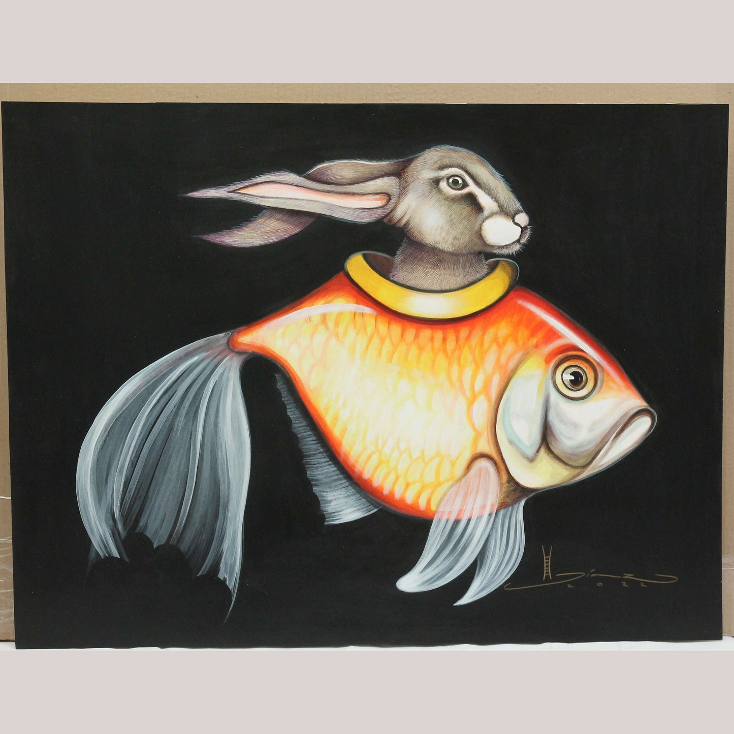 Mexican Acrylic Fine Art Painting Signed Décor Hermes Diaz "Rabbit in Fish"