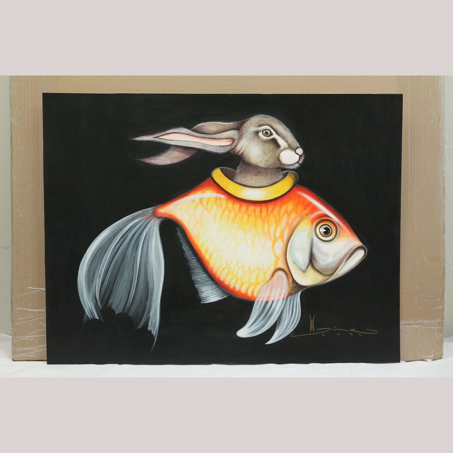 Mexican Acrylic Fine Art Painting Signed Décor Hermes Diaz "Rabbit in Fish"