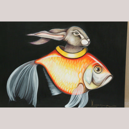 Mexican Acrylic Fine Art Painting Signed Décor Hermes Diaz "Rabbit in Fish"