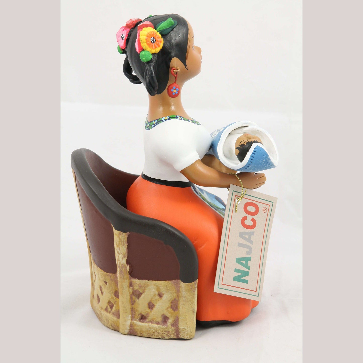 Lupita Ceramic Doll/Figurine Sitting w Baby Mexican Folk Art Orange