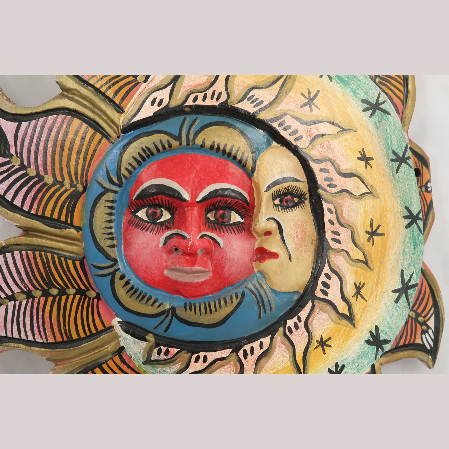 LG Vntg Wood Mask Handmade Mexican Folk Art Collectible Décor Sun/Moon/Faces