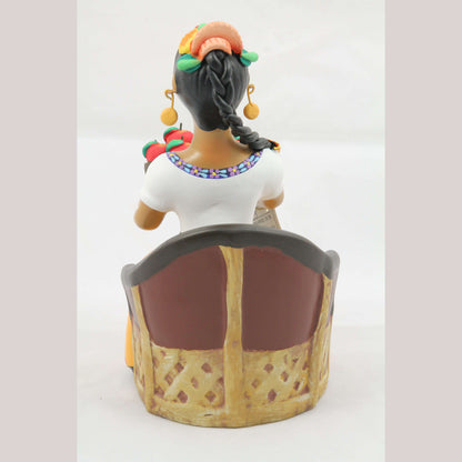 Lupita Doll Sitting Apple Basket Mustard Dress Ceramic Mexican
