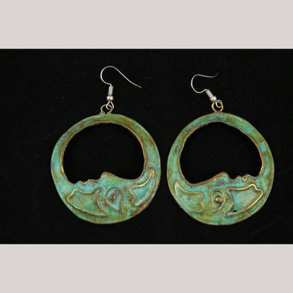 Hand Crafted Earrings Jewelry Mexican Folk Wearable Art Bronze Ethnic Moon Face