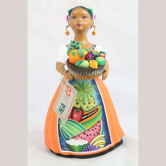 Lupita Doll Basket Fresh Fruit Orange Dress Ceramic Mexican Folk Art