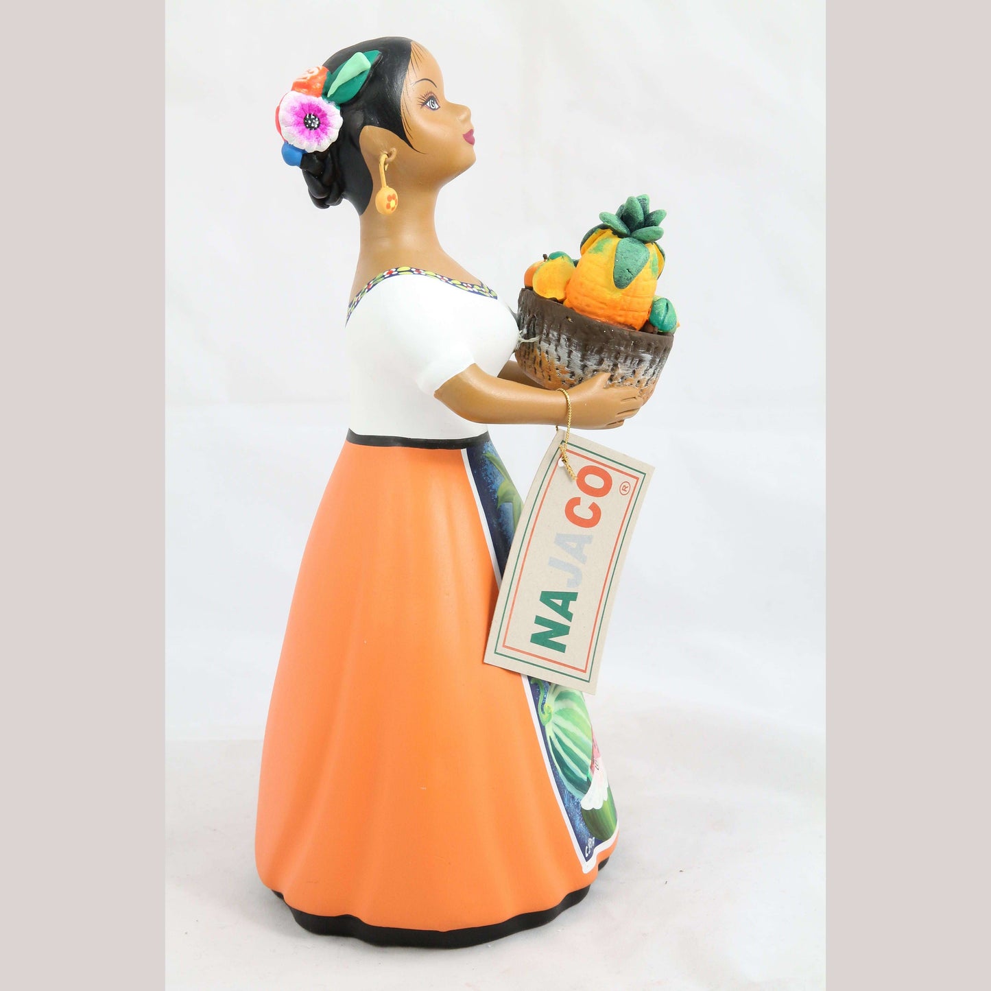 Lupita Doll Basket Fresh Fruit Orange Dress Ceramic Mexican Folk Art
