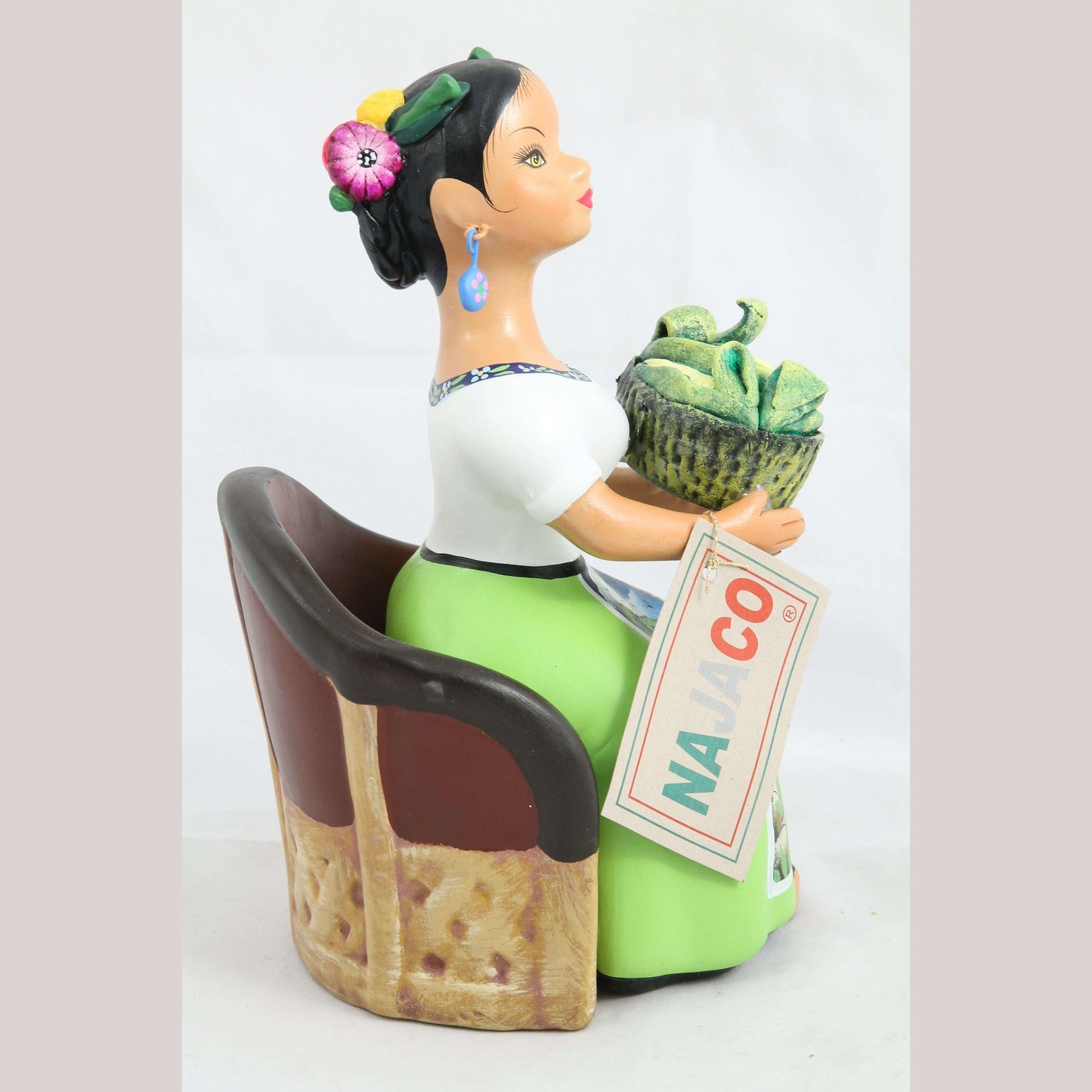 Lupita Doll Sitting Corn Basket Lime Green Skirt Ceramic Mexican Folk Art