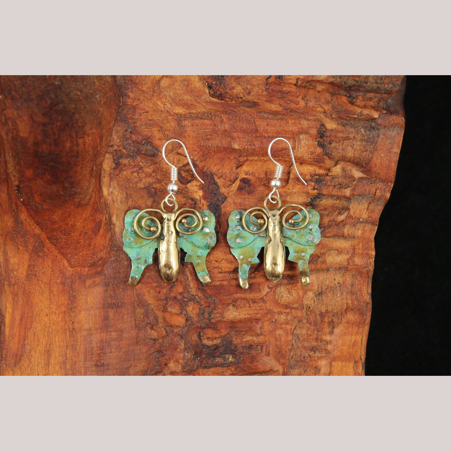 Authentic Hand Crafted Earrings Jewelry Mexican Folk Wearable Art Bronze Butterfly