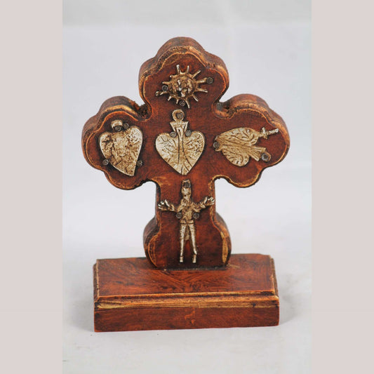 New Wood on Stand Cross/Milagros Mexican Folk Art Hand Made/Painted Religious